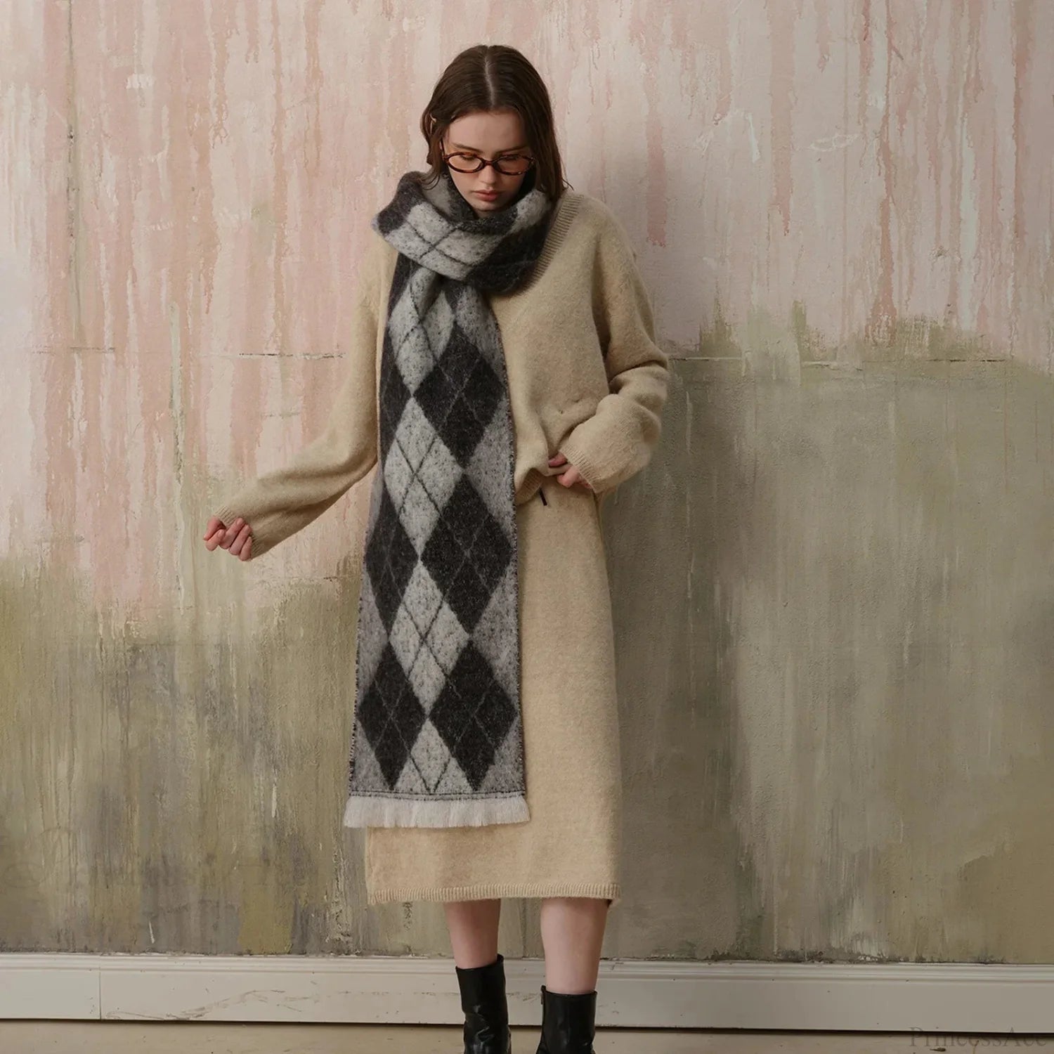 New Retro Argyle Jacquard Plaid Warm Neck Scarf For Autumn Winter 2024 Scarfs-L