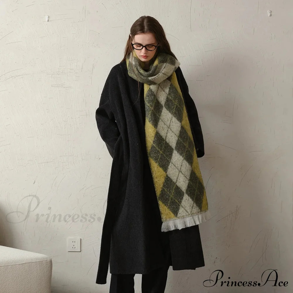 New Retro Argyle Jacquard Plaid Warm Neck Scarf For Autumn Winter 2024 Scarfs-L