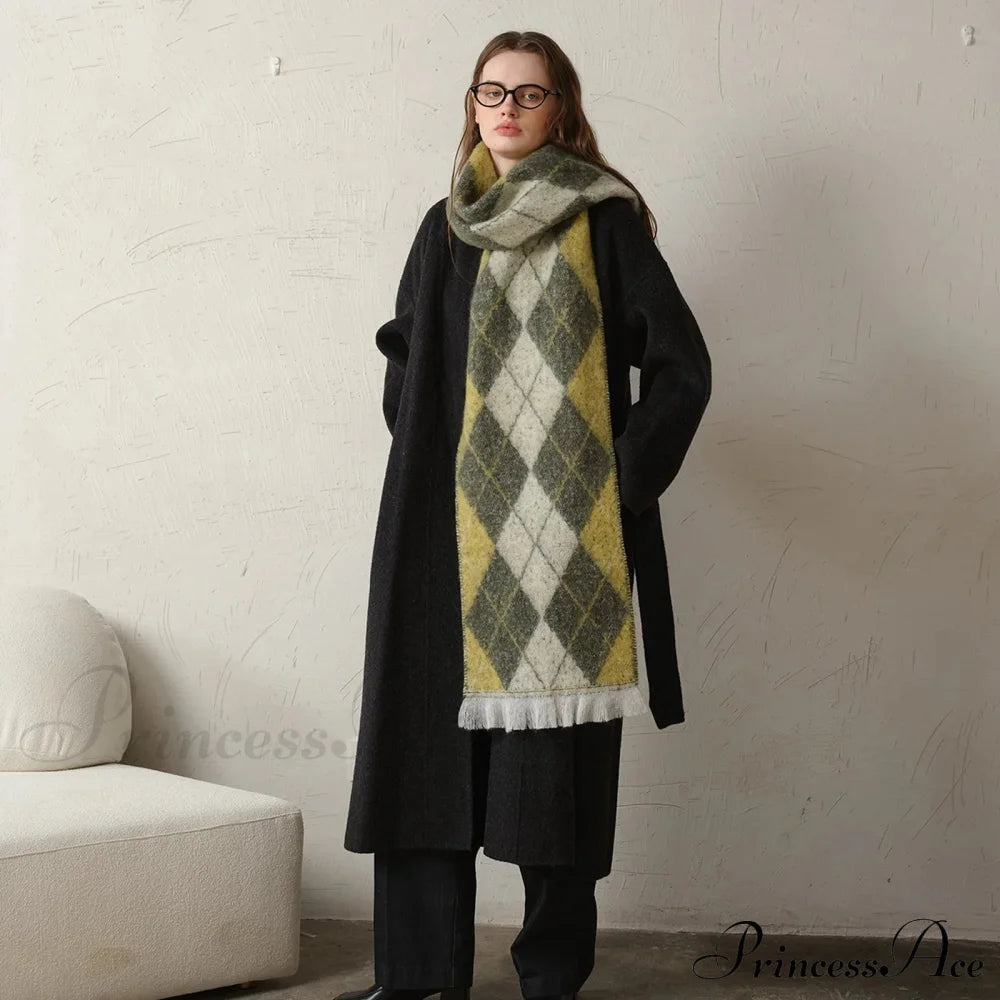 New Retro Argyle Jacquard Plaid Warm Neck Scarf For Autumn Winter 2024 Yellow Green / L210Cm W33Cm