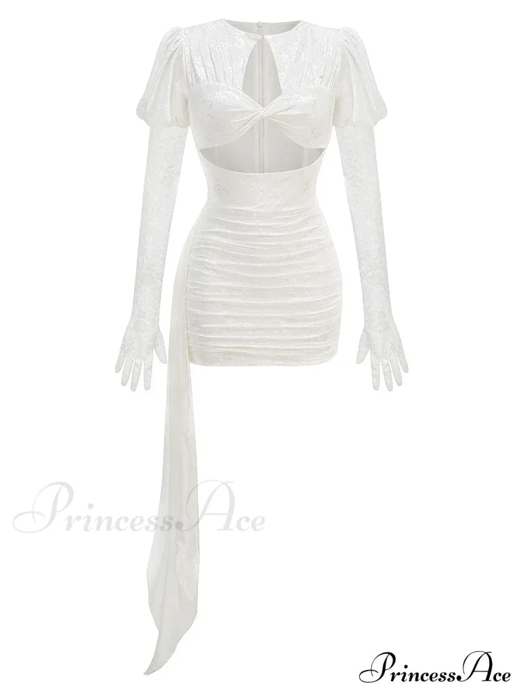 New Sexy Gloves Long Sleeves Cutout Pleated Draped Mini Christmas Party Dress White / S Dresses-L