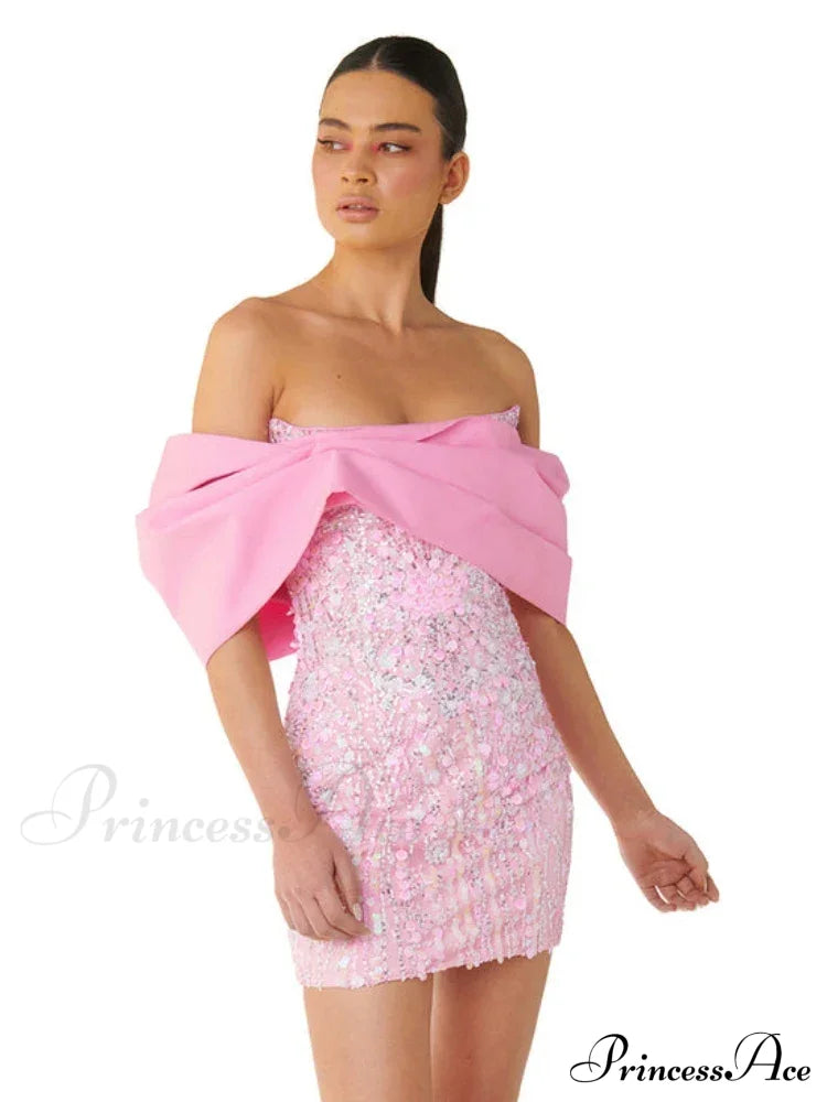 New Sexy Off Shoulder Sequins Pink Slash Neck Sparkly Elegant Christmas Party Dress Dresses-L