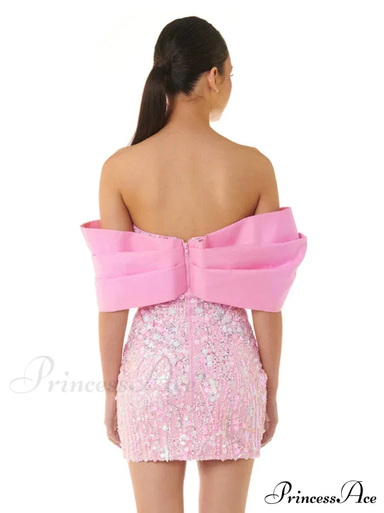 New Sexy Off Shoulder Sequins Pink Slash Neck Sparkly Elegant Christmas Party Dress Dresses-L