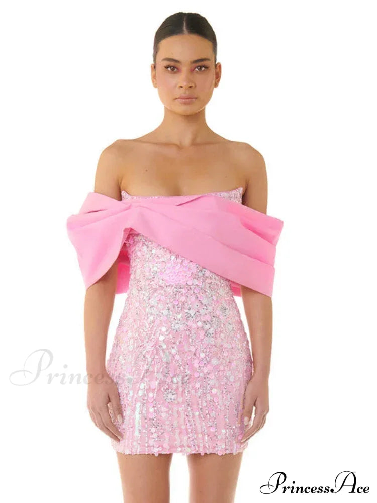 New Sexy Off Shoulder Sequins Pink Slash Neck Sparkly Elegant Christmas Party Dress Dresses-L