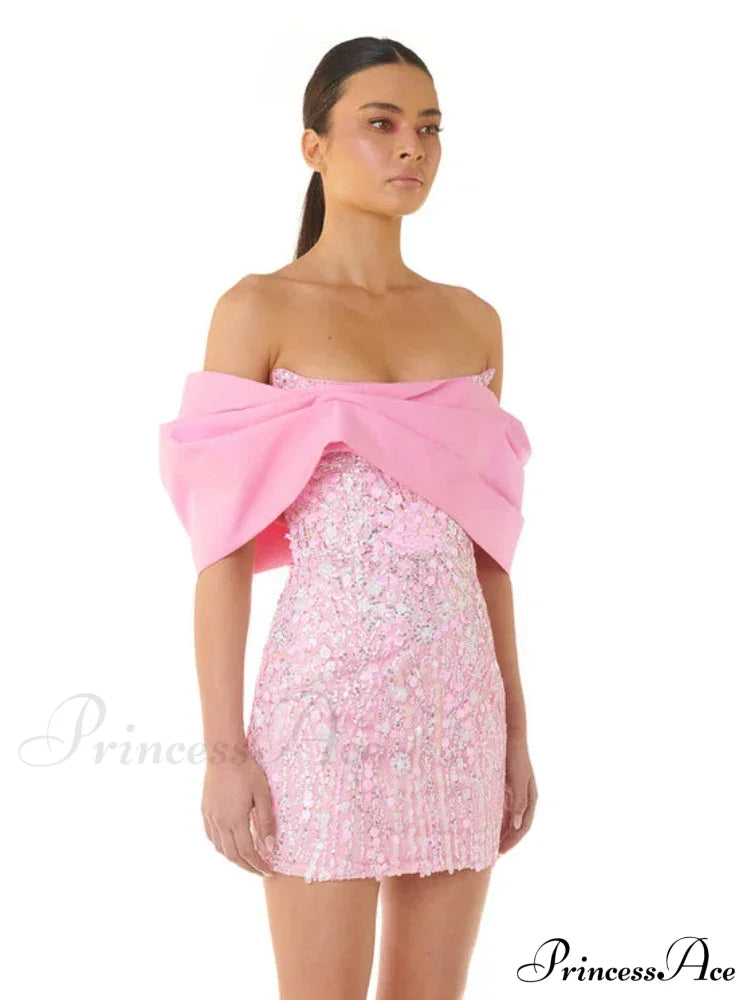 New Sexy Off Shoulder Sequins Pink Slash Neck Sparkly Elegant Christmas Party Dress Dresses-L