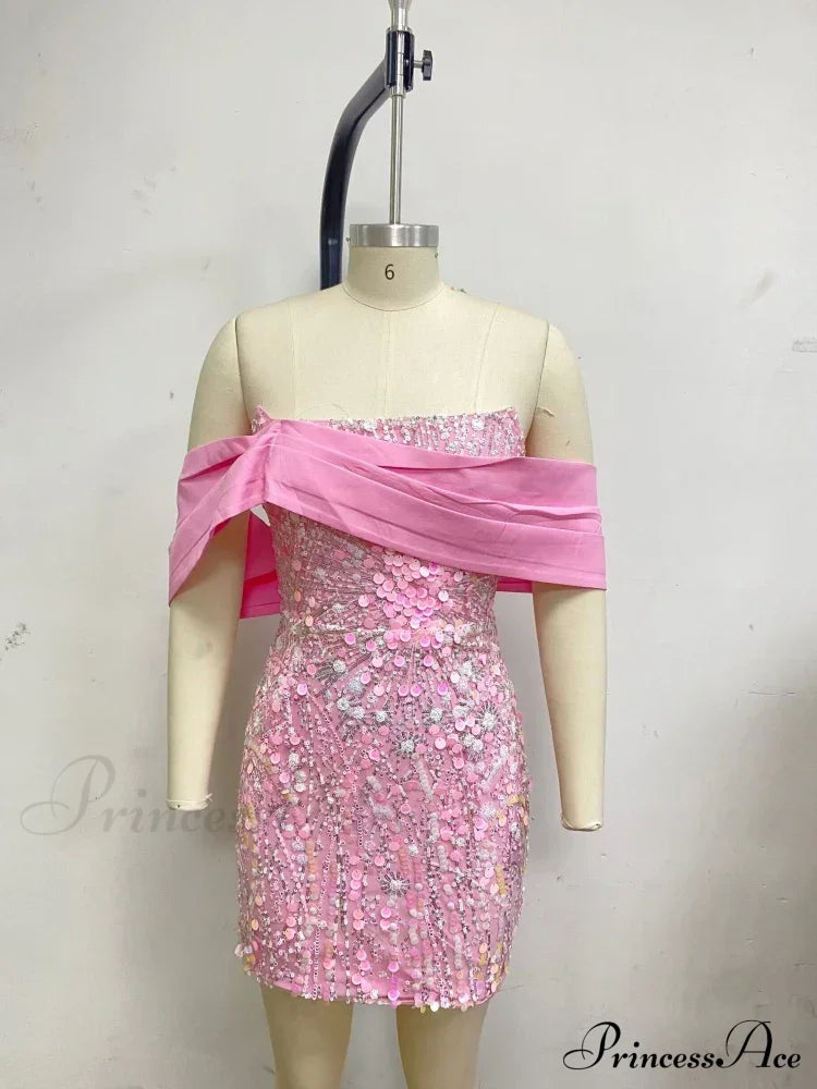 New Sexy Off Shoulder Sequins Pink Slash Neck Sparkly Elegant Christmas Party Dress / S Dresses-L