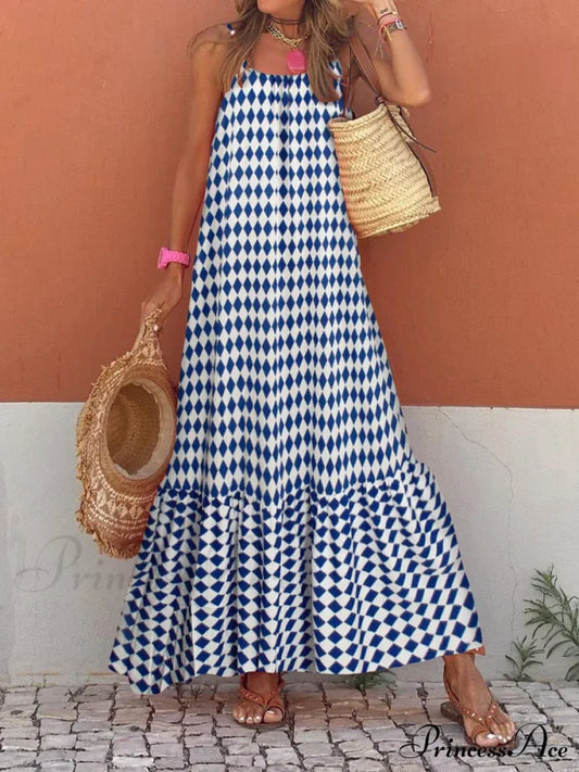 New Sleeveless Print Summer Spaghetti Strap Boho Dress Blue / S