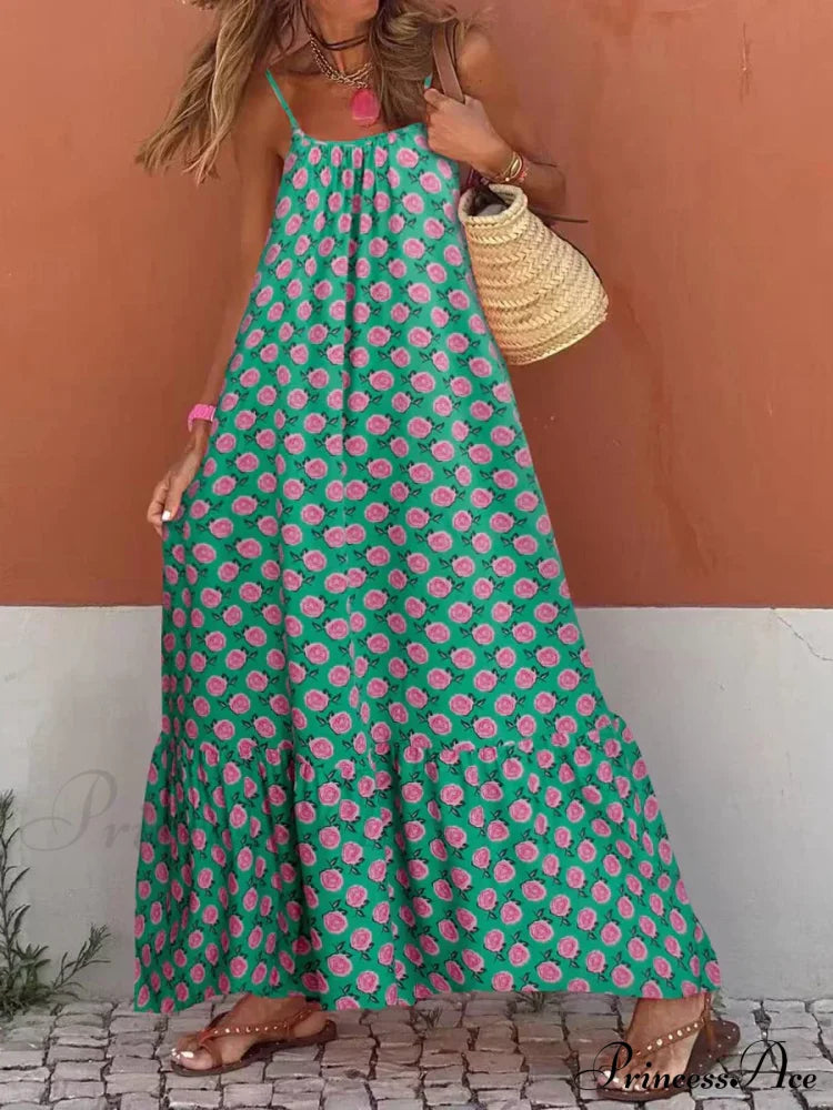 New Sleeveless Print Summer Spaghetti Strap Boho Dress Green / S