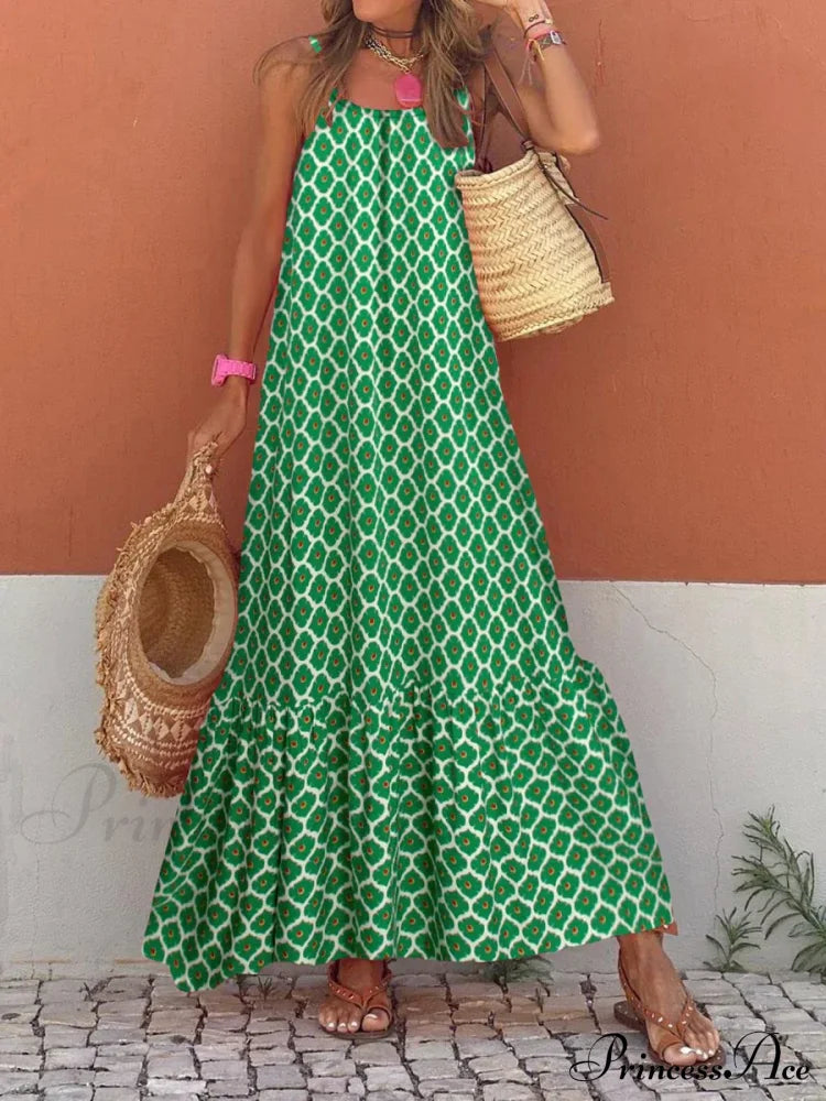 New Sleeveless Print Summer Spaghetti Strap Boho Dress Light Green / S