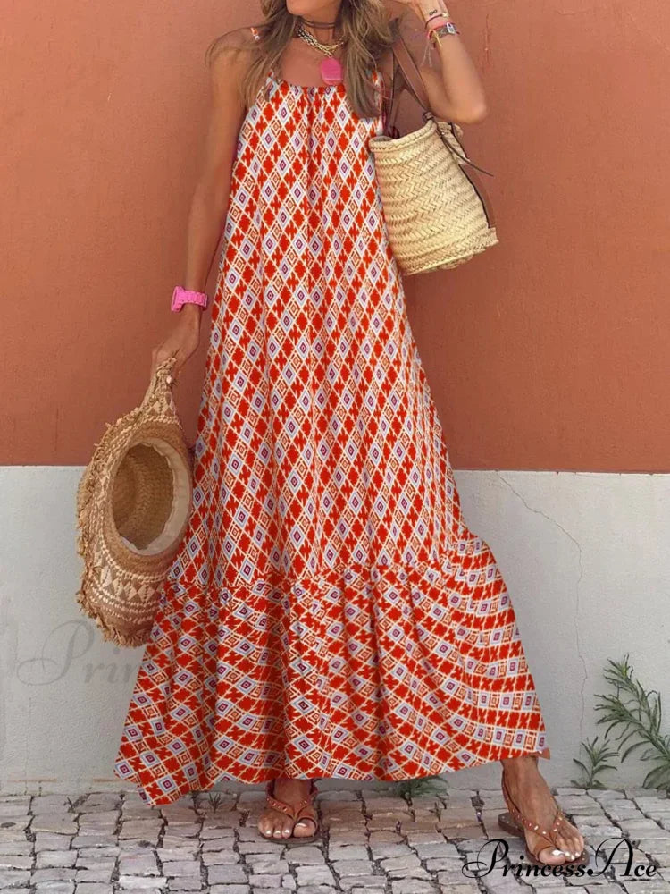 New Sleeveless Print Summer Spaghetti Strap Boho Dress Orange Red / S