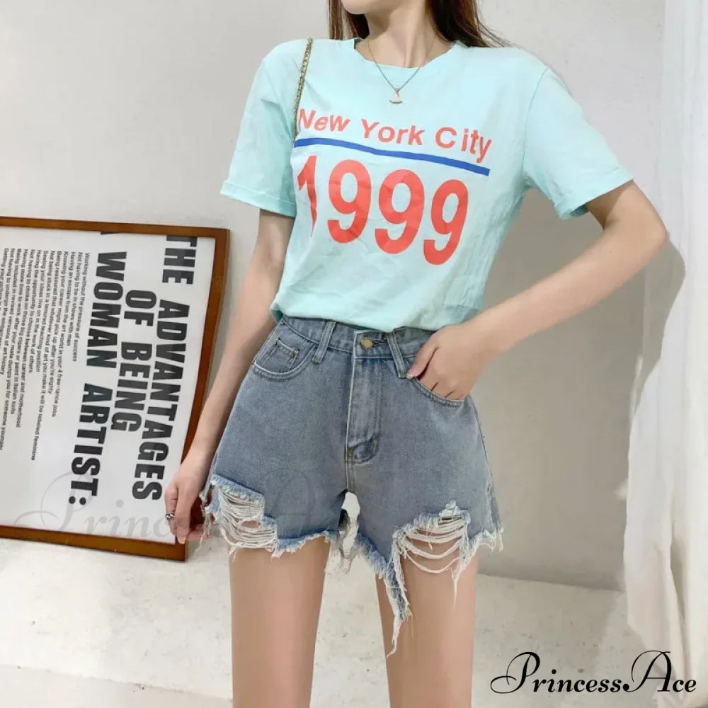 New Summer Casual Female Loose Fit High Waist Button Blue Denim Jean