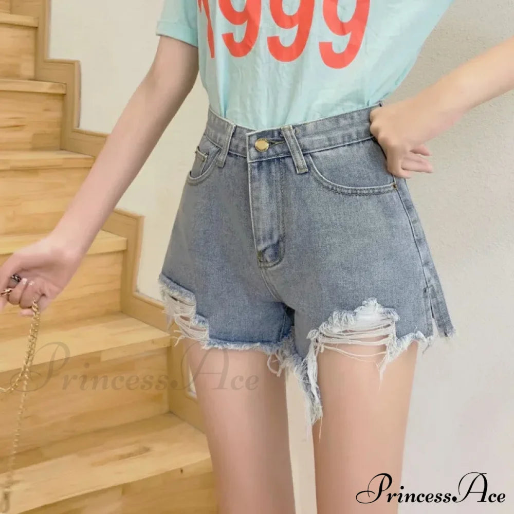 New Summer Casual Female Loose Fit High Waist Button Blue Denim Jean Light / S