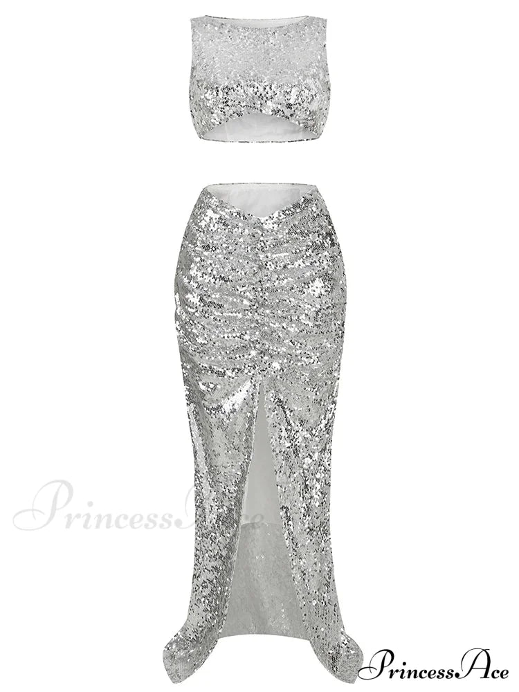 New Summer Silver Fashion Sequins Two-Piece Set Sleeveless Skirt Christmas Party Dress / S Dresses-L