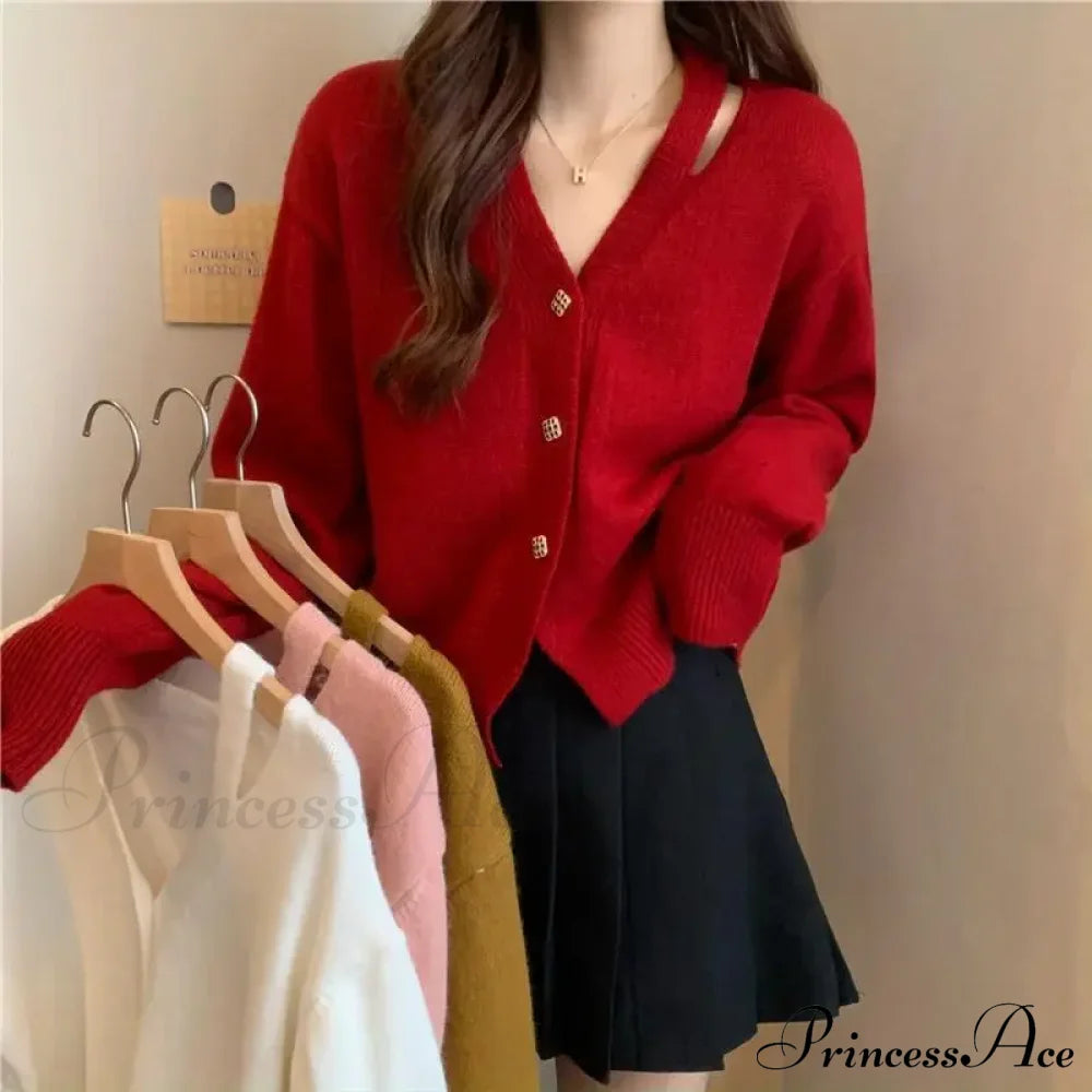 New V-Neck Button Red Knit Tops Stylish Knitwear Christmas Sweater Sweaters-L