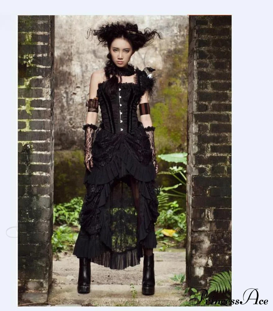 New Women Retro Victorian Lace Up Steamgothic Goth Long Ruffle Dress Skirt Halloween