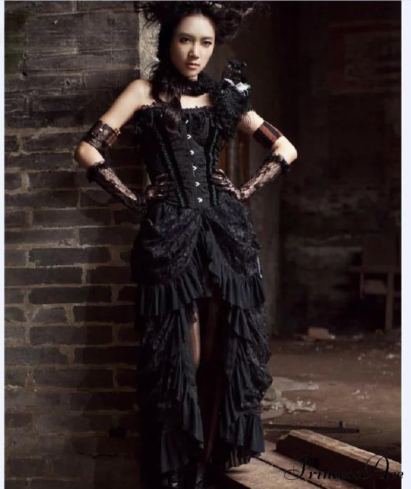 New Women Retro Victorian Lace Up Steamgothic Goth Long Ruffle Dress Skirt Halloween