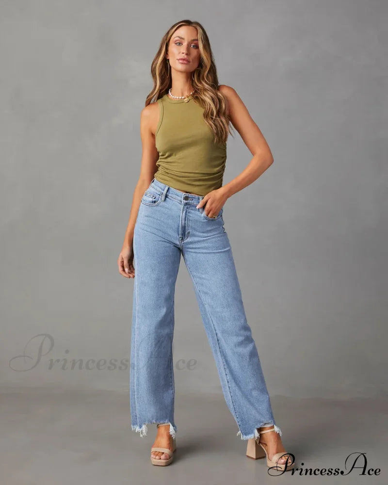 New Women’s Women Simple Casual High Waist Wide-Leg Trousers Irregular Tassels Streetwear