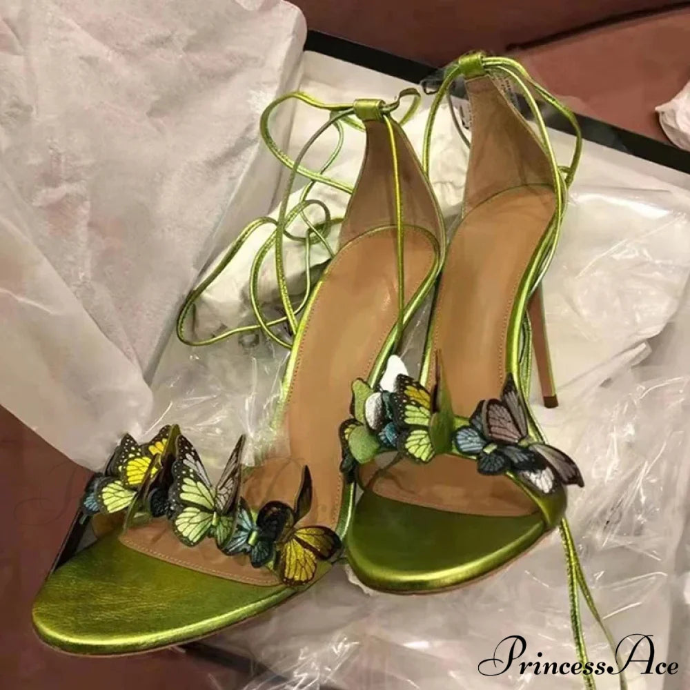 New Yellow Green Cross Strap Butterfly Open Toe Elegant High Heel 8Cm Shallow Green / 34