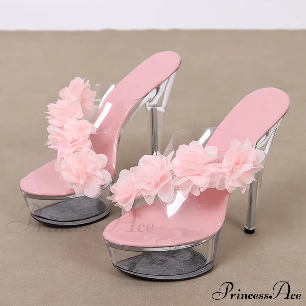 Newfashion Pink Floral Pvc Transparent Super-High Platform Sexy Peep-Toe Slipper High Heel / 35