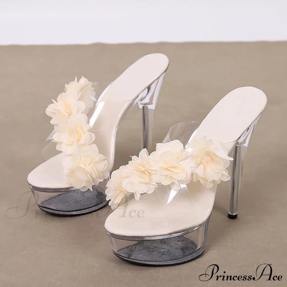 Newfashion Pink Floral Pvc Transparent Super-High Platform Sexy Peep-Toe Slipper High Heel Apricot