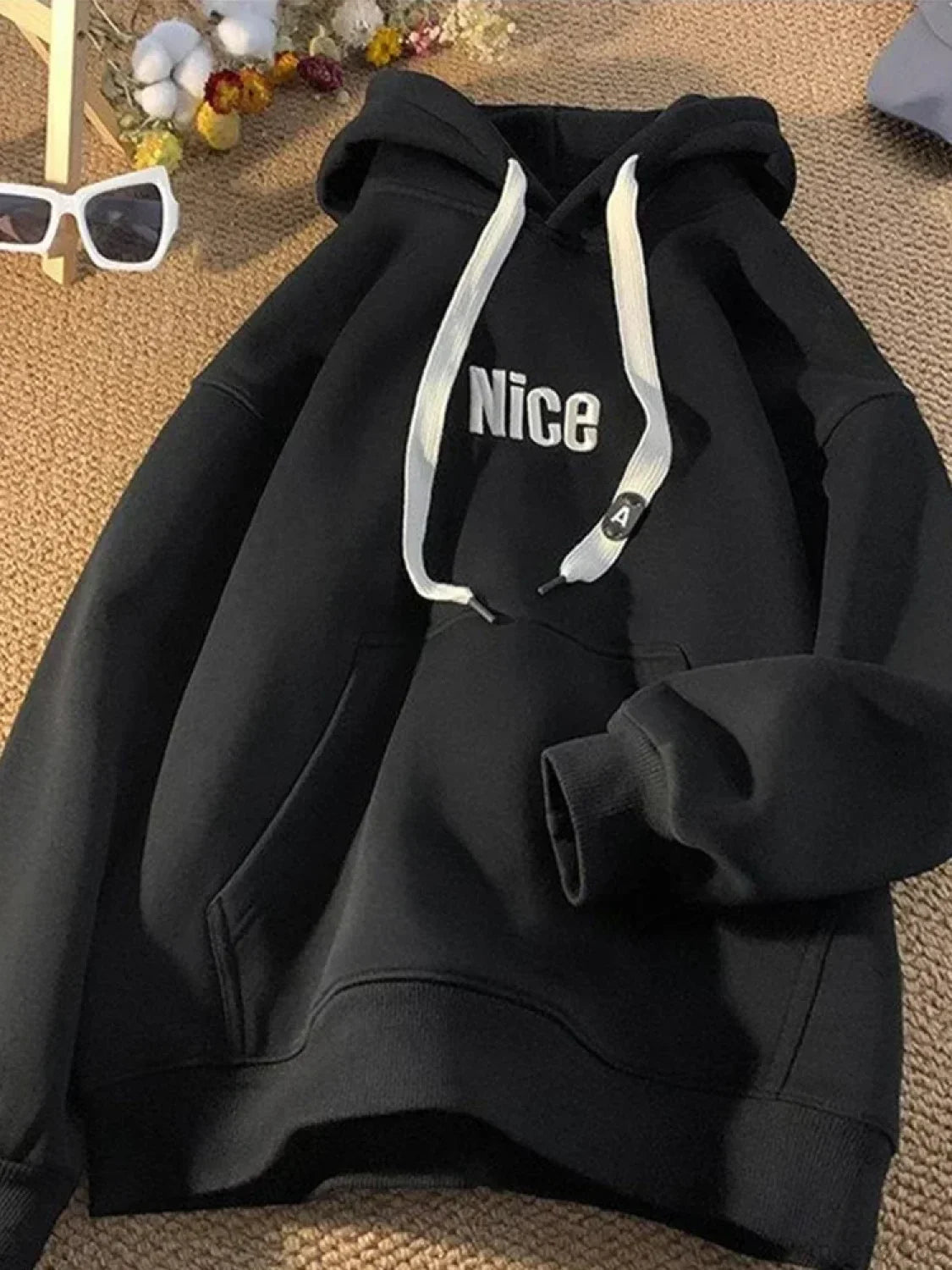 Nice Letter Print Cotton Fleece Hoodie Black / M(40-45KG)