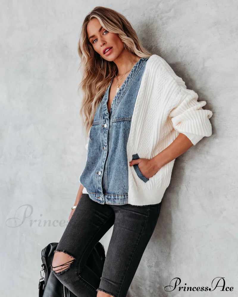 Nillan Denim Jacket With Pockets And Contrast Knit Coats-L