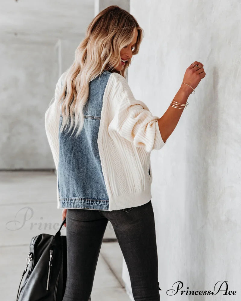 Nillan Denim Jacket With Pockets And Contrast Knit Coats-L