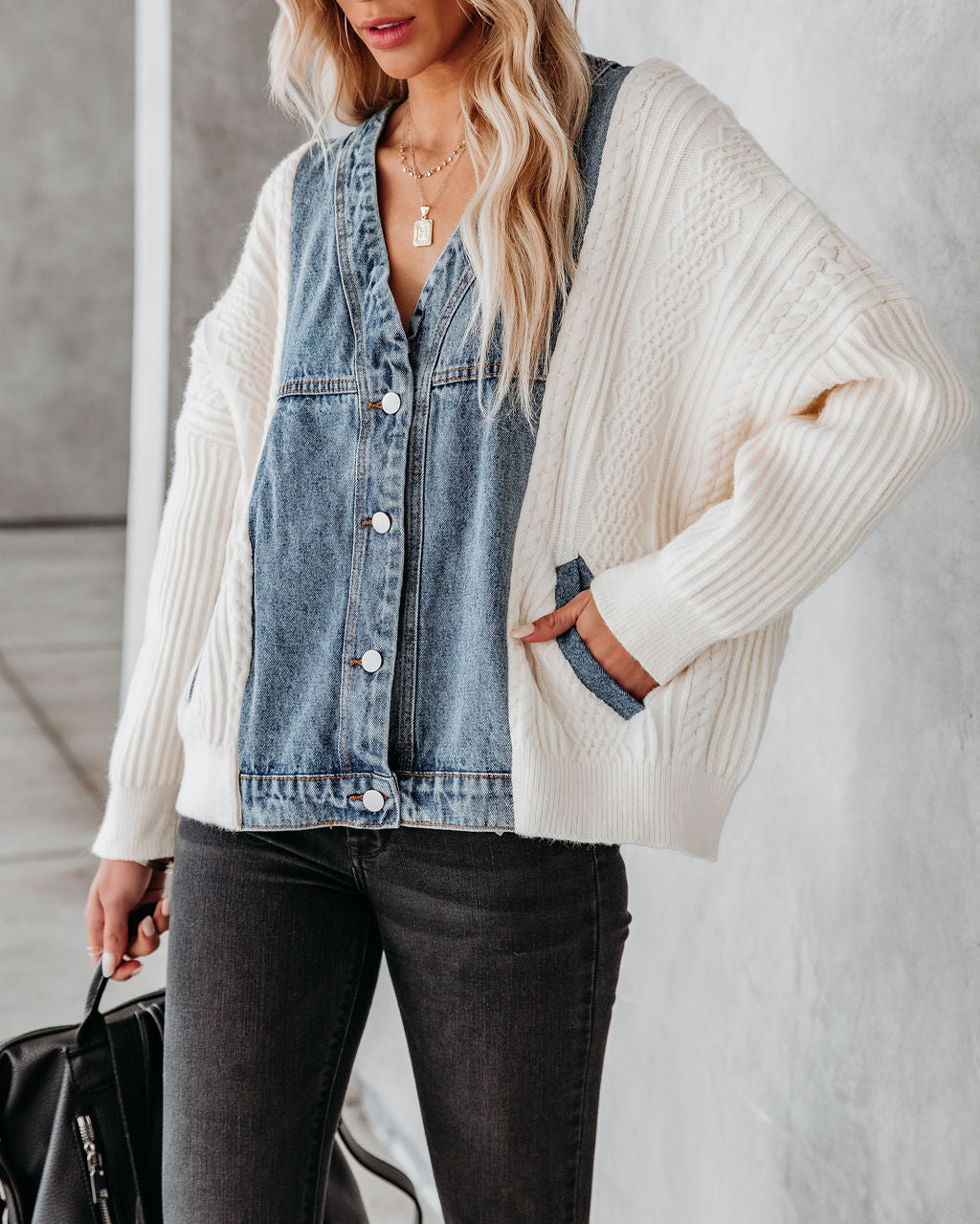 Nillan Denim Jacket with Pockets and Contrast Knit