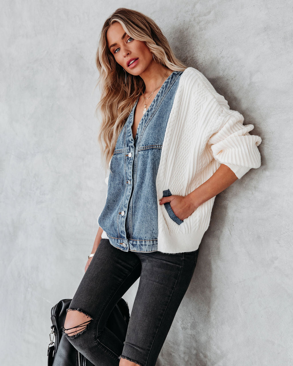 Nillan Denim Jacket with Pockets and Contrast Knit