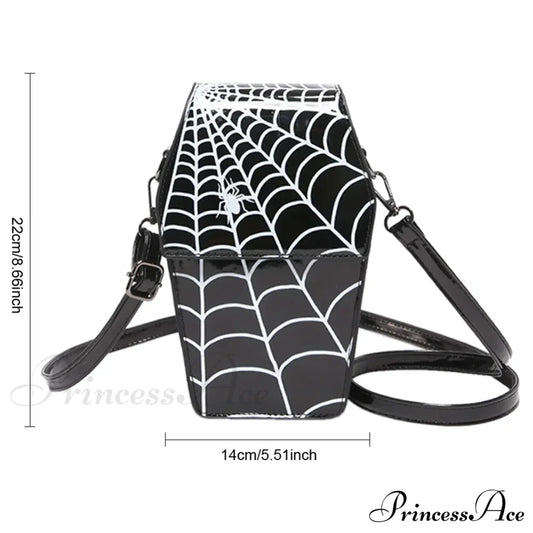 Novelty Halloween Gothic Coffin Shape Spider Web Sling Pu Leather Bag Black