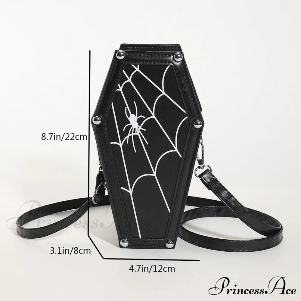 Novelty Halloween Gothic Coffin Shape Spider Web Sling Pu Leather Bag Black1