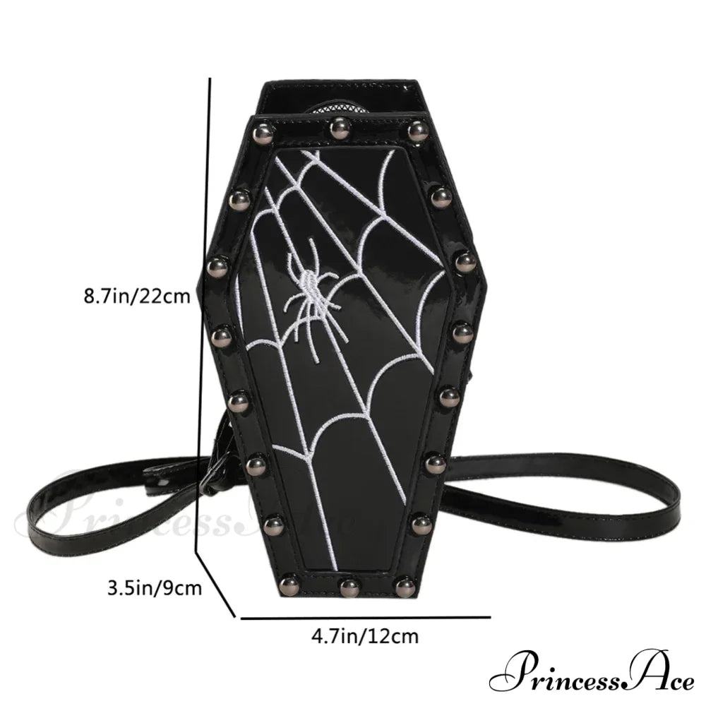 Novelty Halloween Gothic Coffin Shape Spider Web Sling Pu Leather Bag Black3