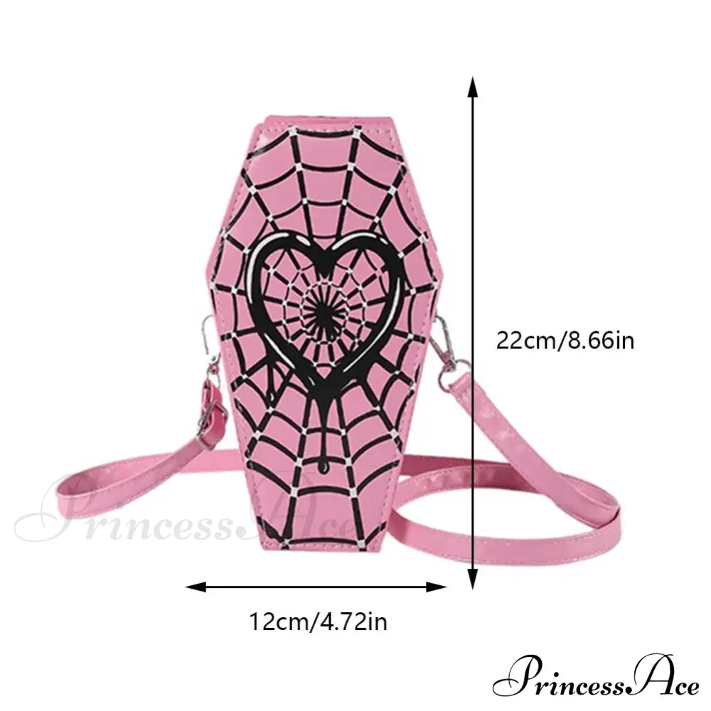 Novelty Halloween Gothic Coffin Shape Spider Web Sling Pu Leather Bag Pink1