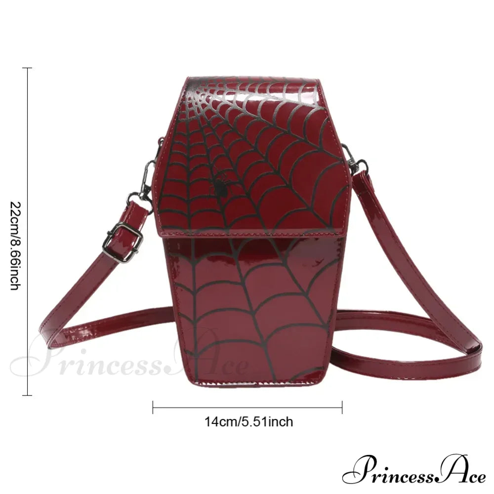 Novelty Halloween Gothic Coffin Shape Spider Web Sling Pu Leather Bag Red