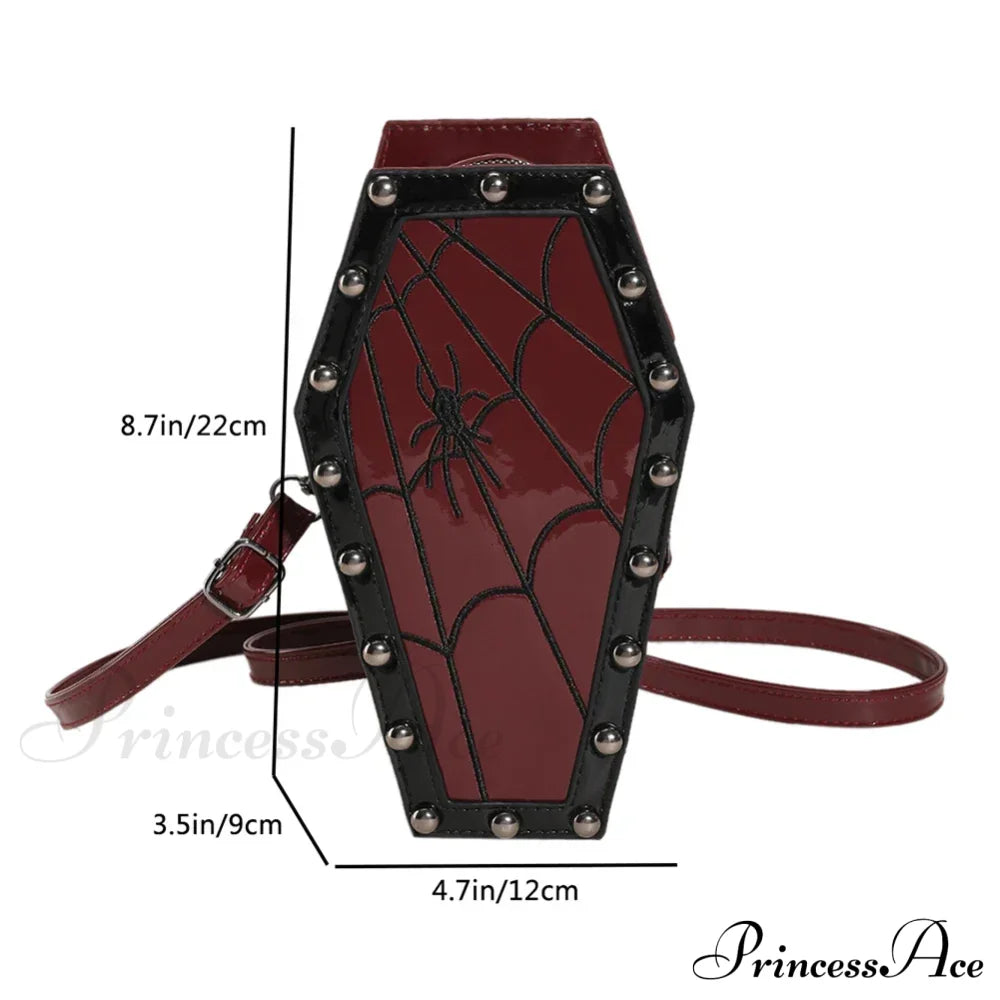 Novelty Halloween Gothic Coffin Shape Spider Web Sling Pu Leather Bag Red2