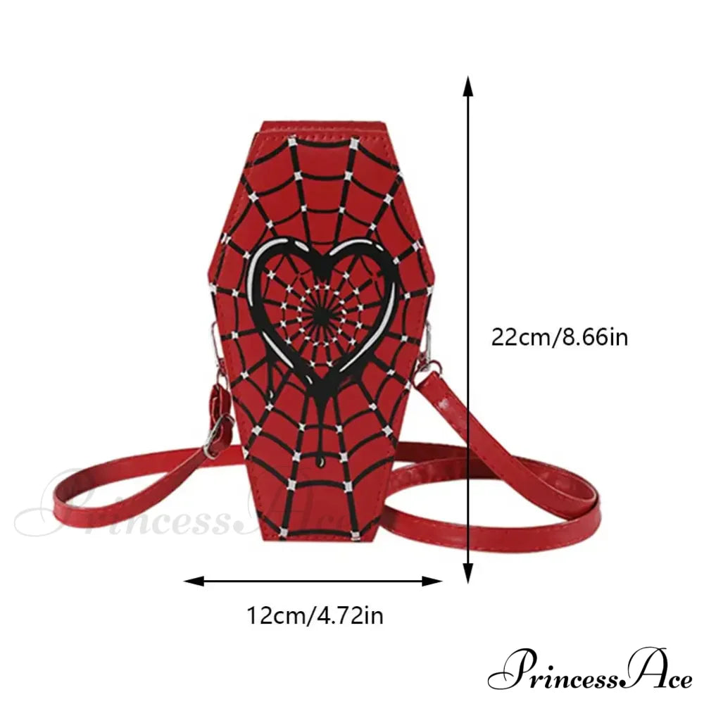 Novelty Halloween Gothic Coffin Shape Spider Web Sling Pu Leather Bag Red5