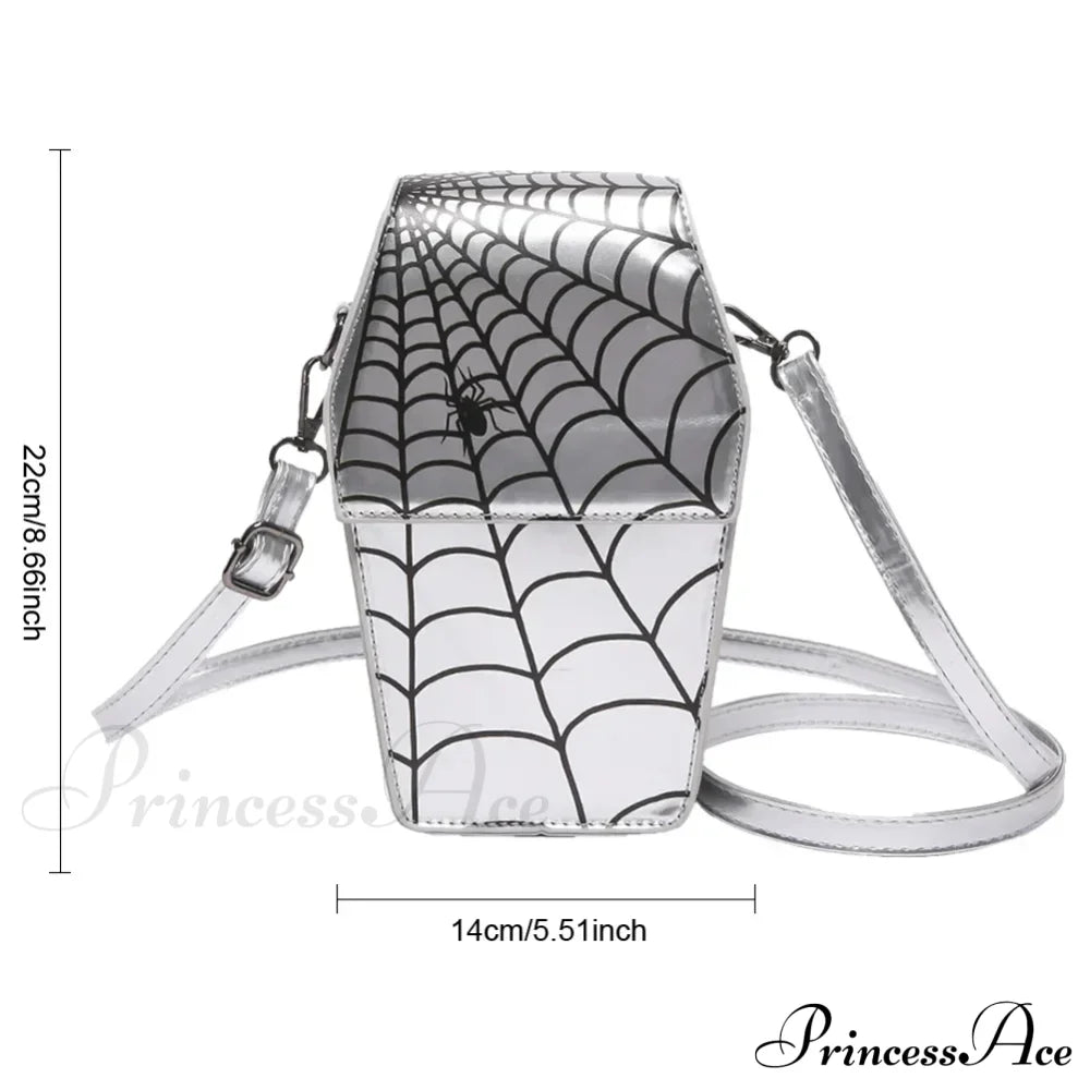 Novelty Halloween Gothic Coffin Shape Spider Web Sling Pu Leather Bag Silver