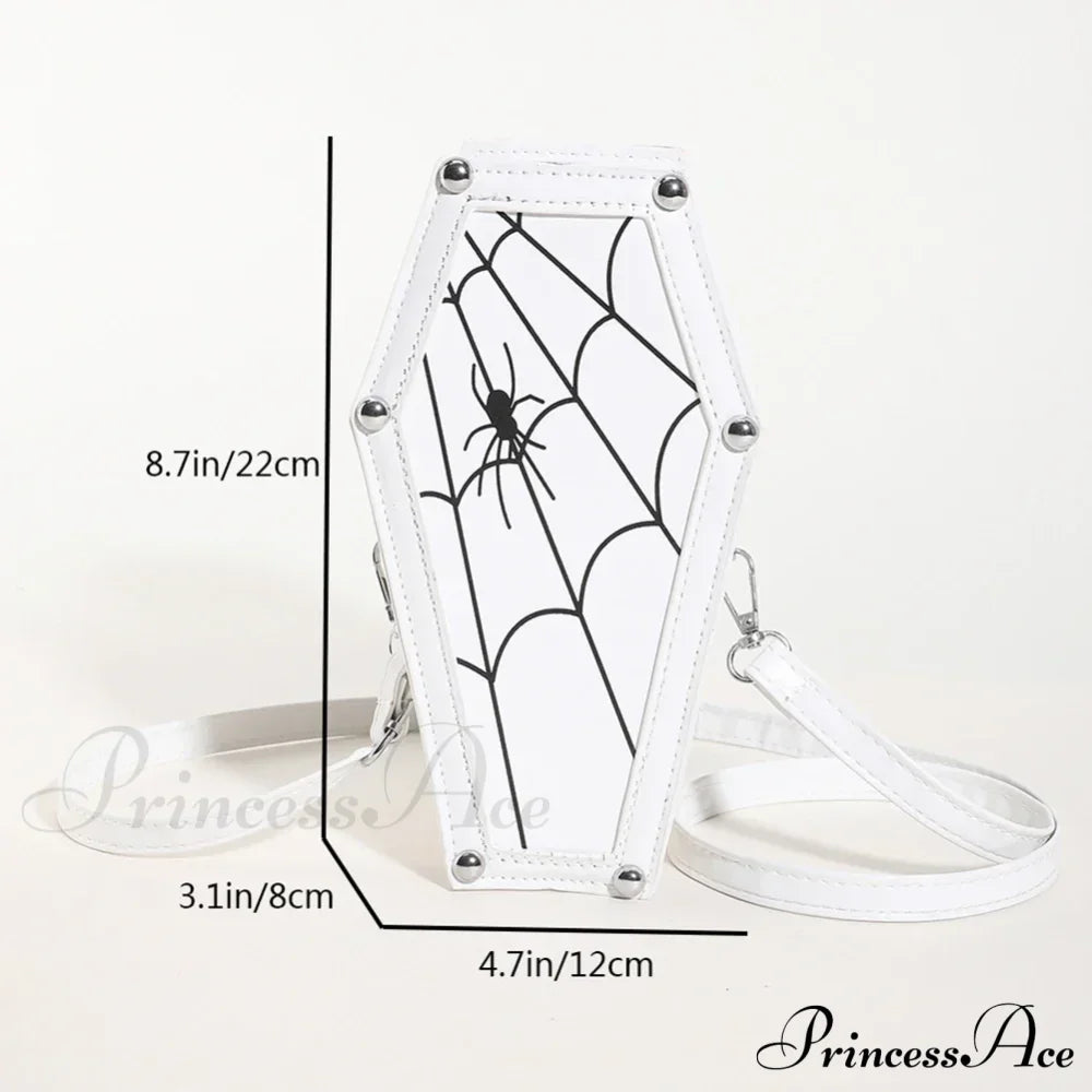 Novelty Halloween Gothic Coffin Shape Spider Web Sling Pu Leather Bag White