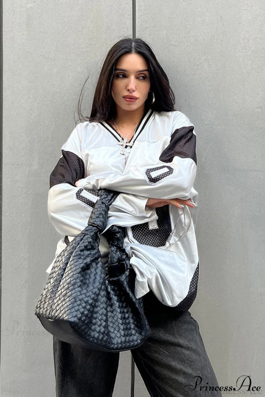 Number Print V Neck Color Block Loose Sweatshirt White / S