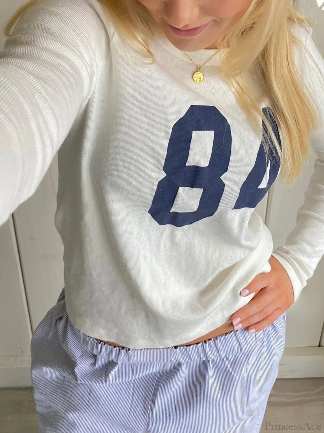 Number Printed Slim O-Neck Long Sleeve Knit Top knittop-250126