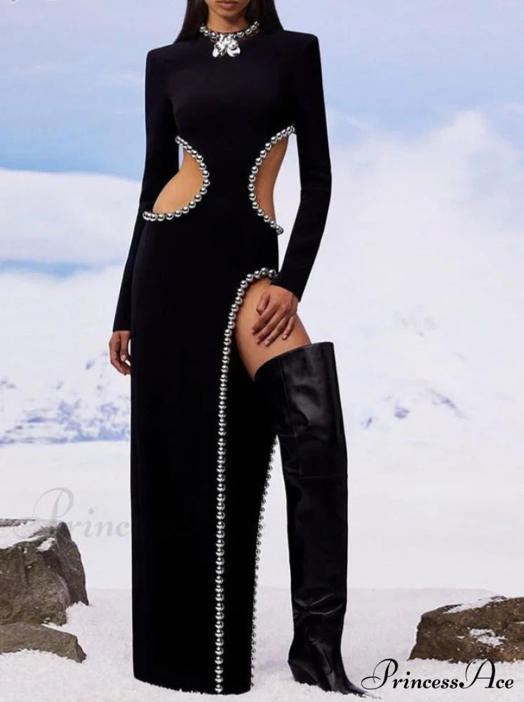 O Black Long Bodyband Sexy Beaded Women’s Cutout Gown Neck Party Celebrity Dress