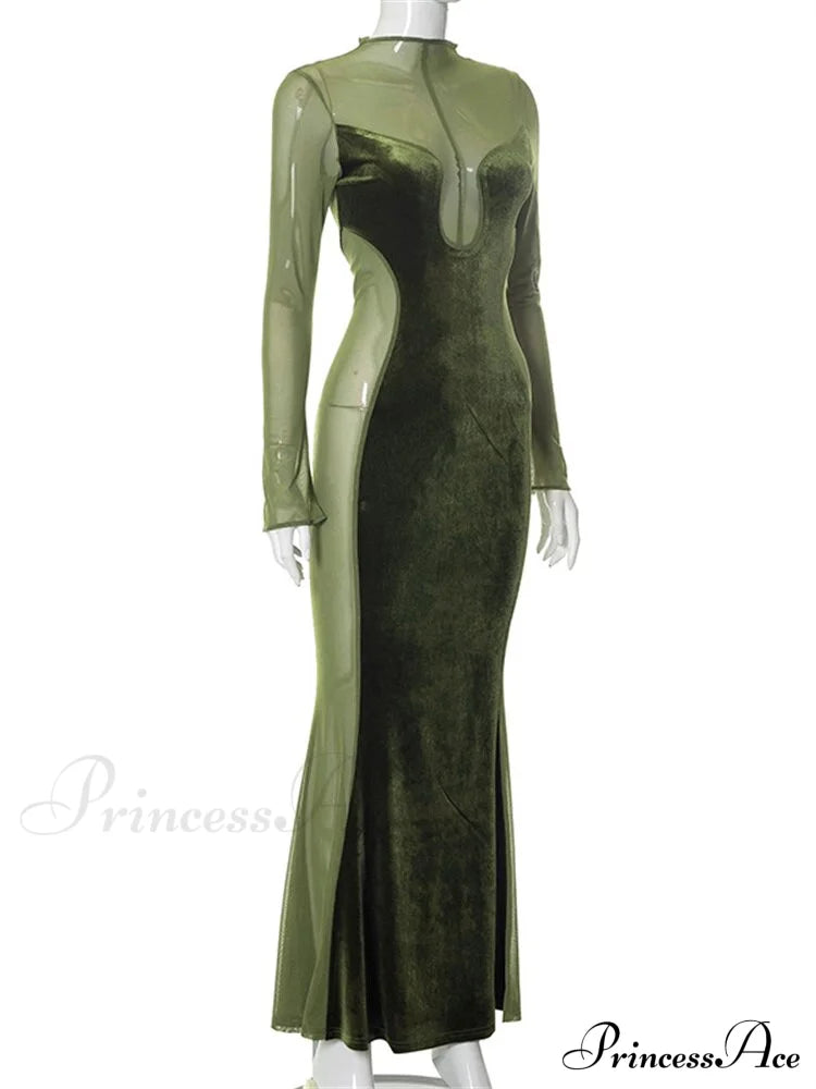 O Elegant Arm Dresses Fashion Full-Length Through Fall Party Gown Club Neck For Outfits Sexy - Long