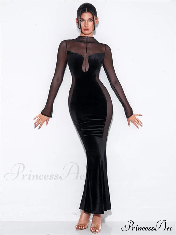 O Elegant Arm Dresses Fashion Full-Length Through Fall Party Gown Club Neck For Outfits Sexy - Long