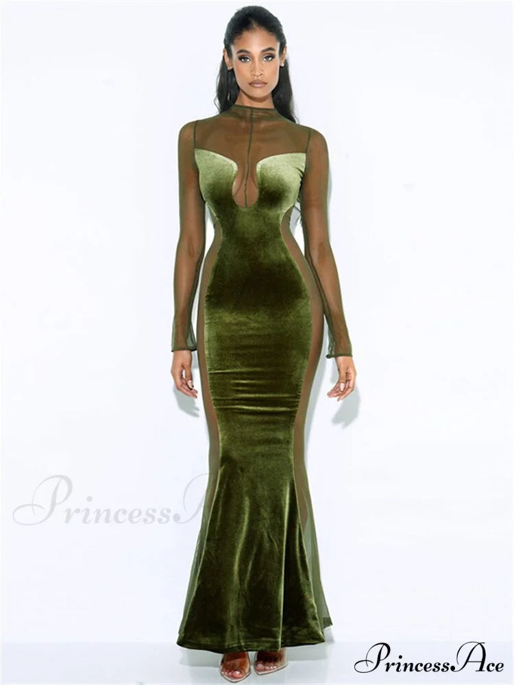 O Elegant Arm Dresses Fashion Full-Length Through Fall Party Gown Club Neck For Outfits Sexy - Long