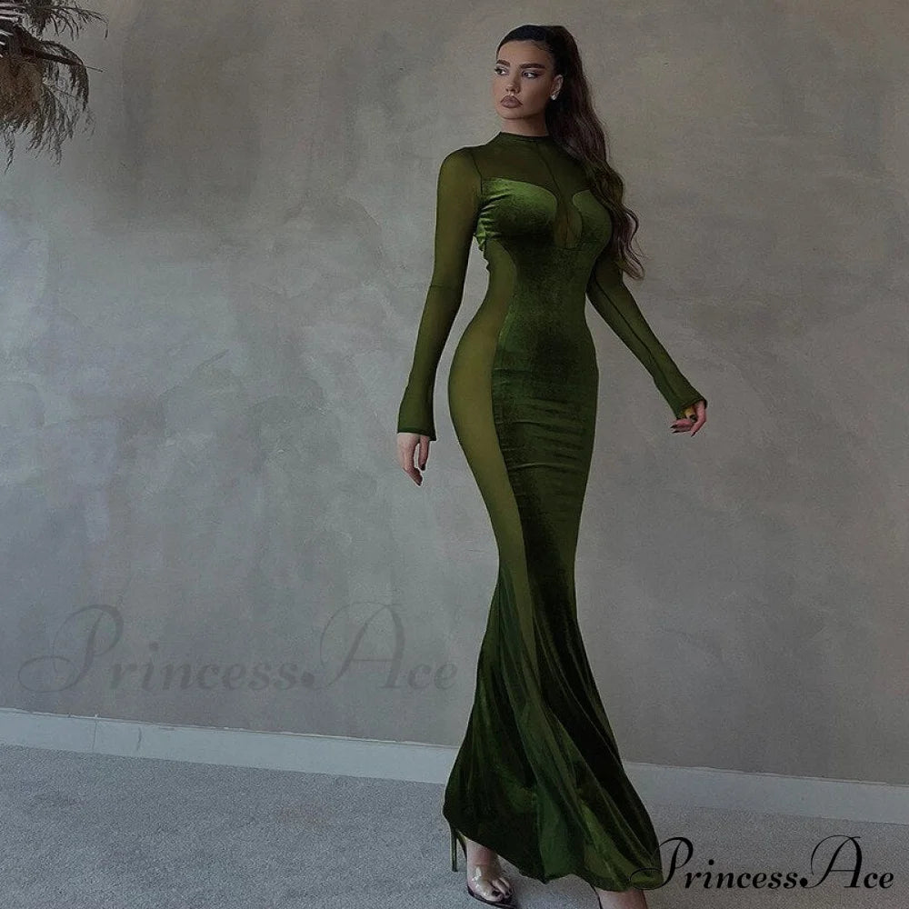 O Elegant Arm Dresses Fashion Full-Length Through Fall Party Gown Club Neck For Outfits Sexy - Long