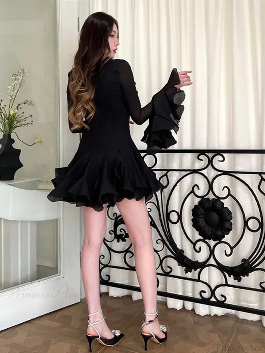 O-Neck Flare Sleeve Mini Dress Black / S minidress-250223
