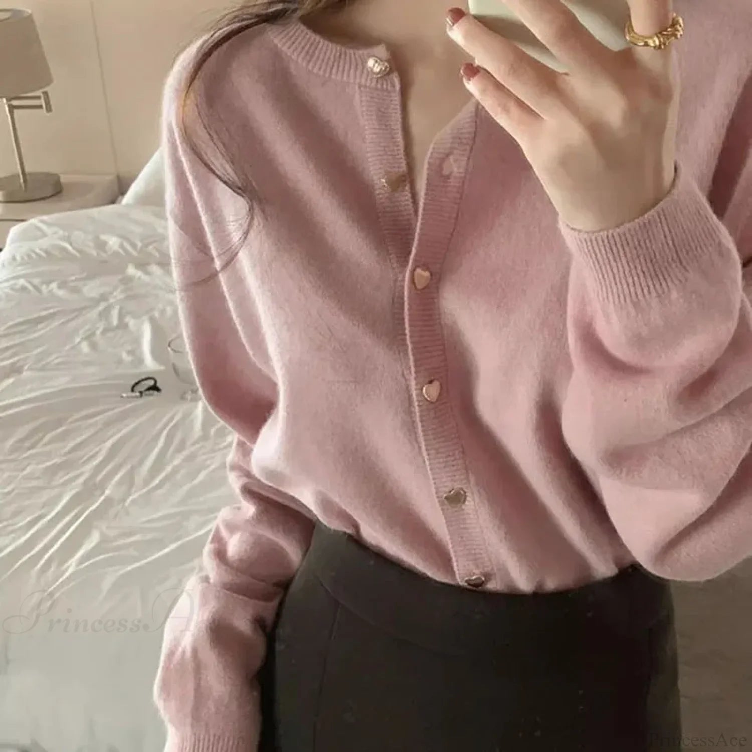 O-neck Long Sleeve Casual Cardigan Pink / One Size