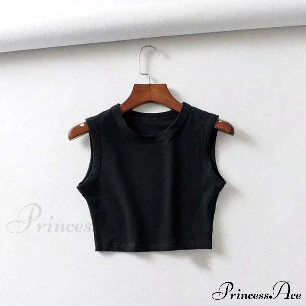 O-Neck White Solid Skinny Crop Top Black 2 / S