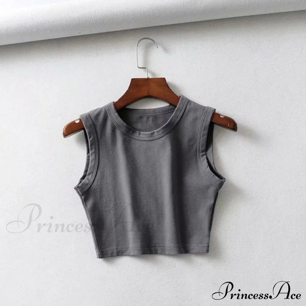 O-Neck White Solid Skinny Crop Top Deep Gray / S