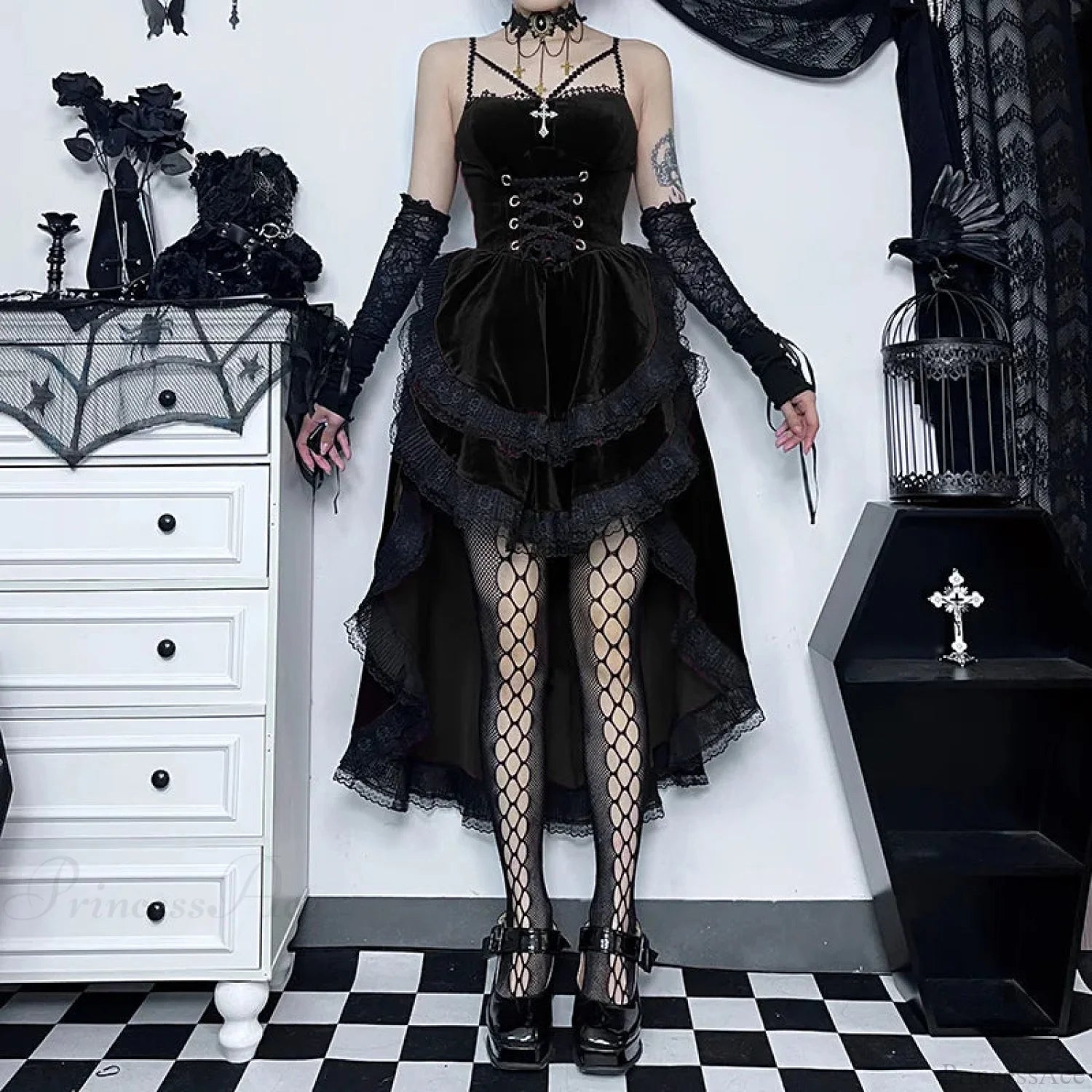 Obscure Attractive Cinch Waist Pull Midi Dress Black / S
