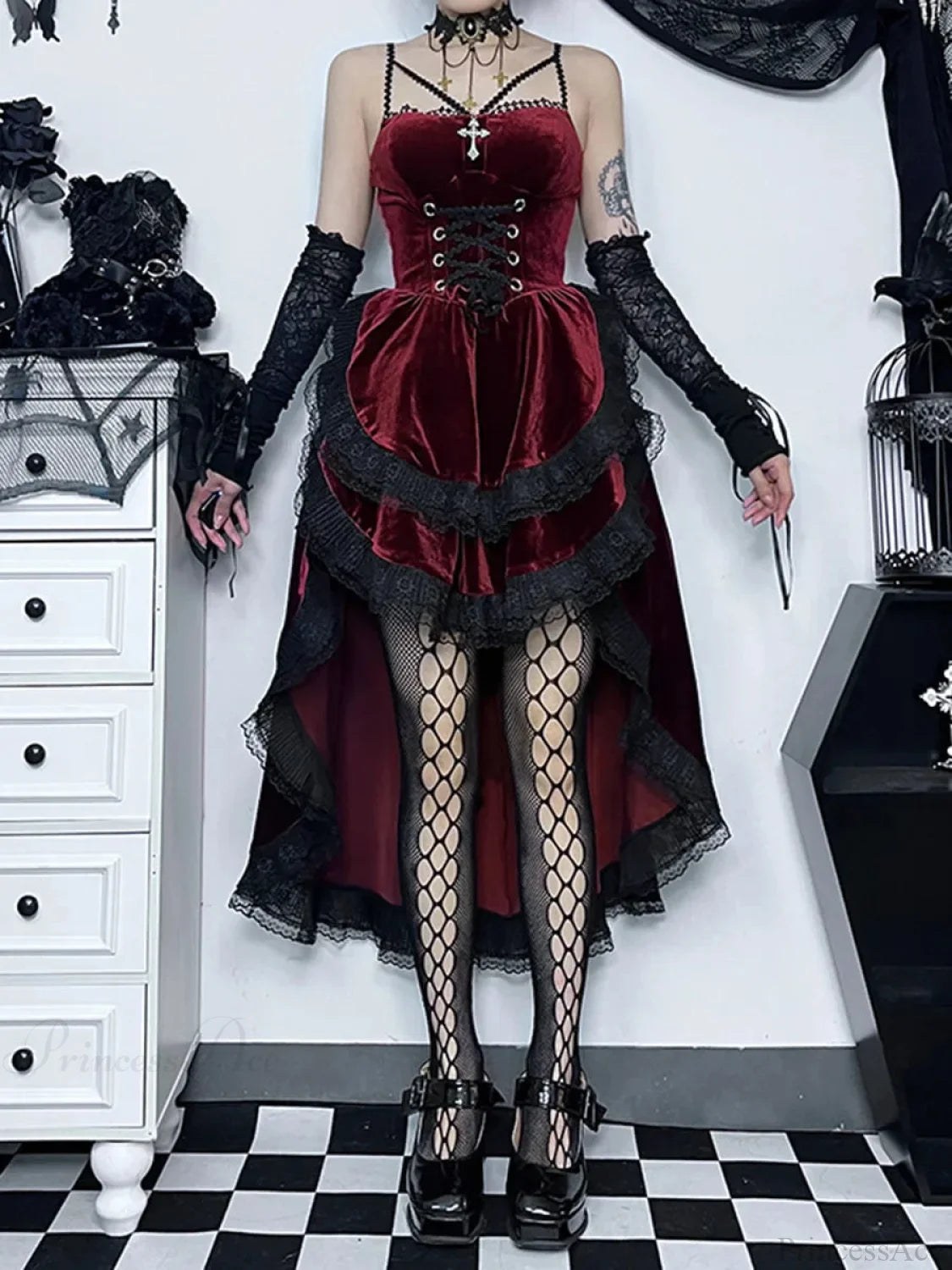 Obscure Attractive Cinch Waist Pull Midi Dress Red / S